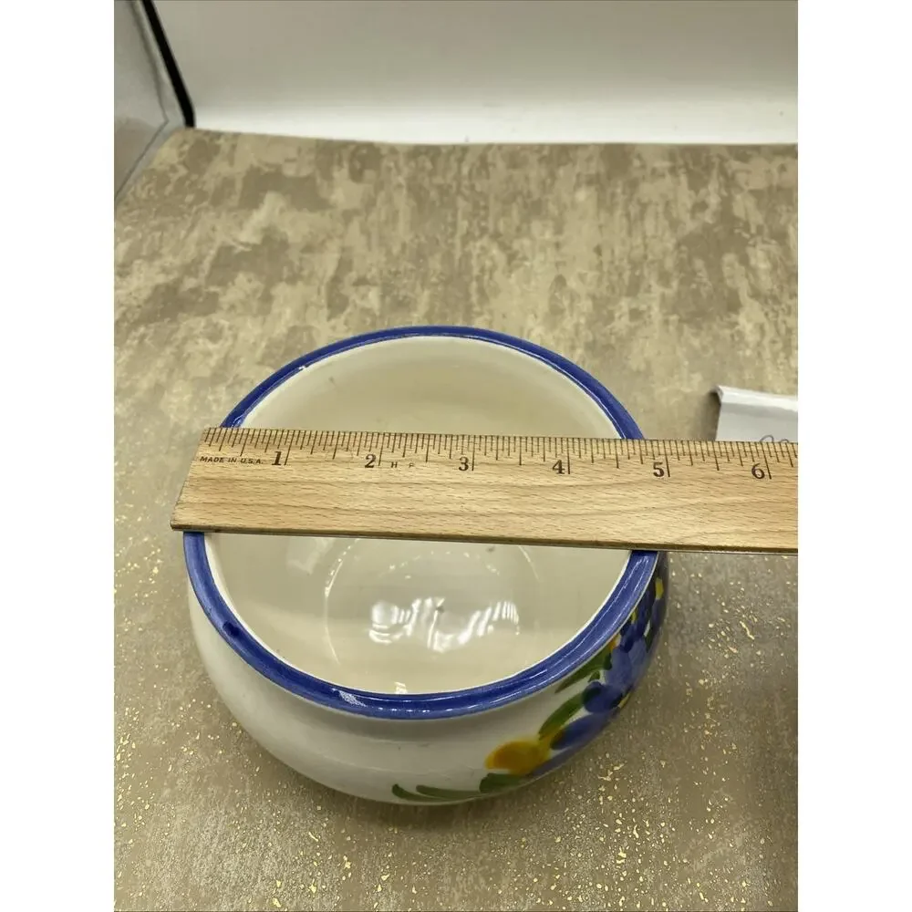 Vintage Hand Painted Rice/Soup Bowl 5” Diameter Blue & Yellow Floral Design